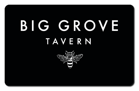 Big Grove Tavern logo in white on a solid black background with an illustration of a bee.